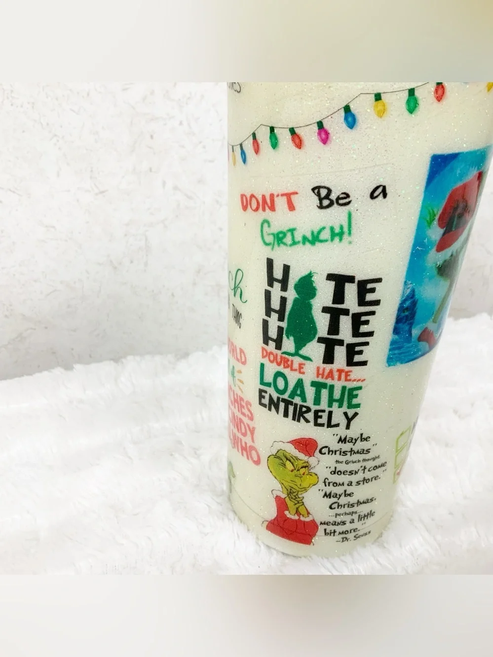 Handmade Glitter Grinch Christmas Steel Tumbler Lid Travel Coffee Cup Holiday